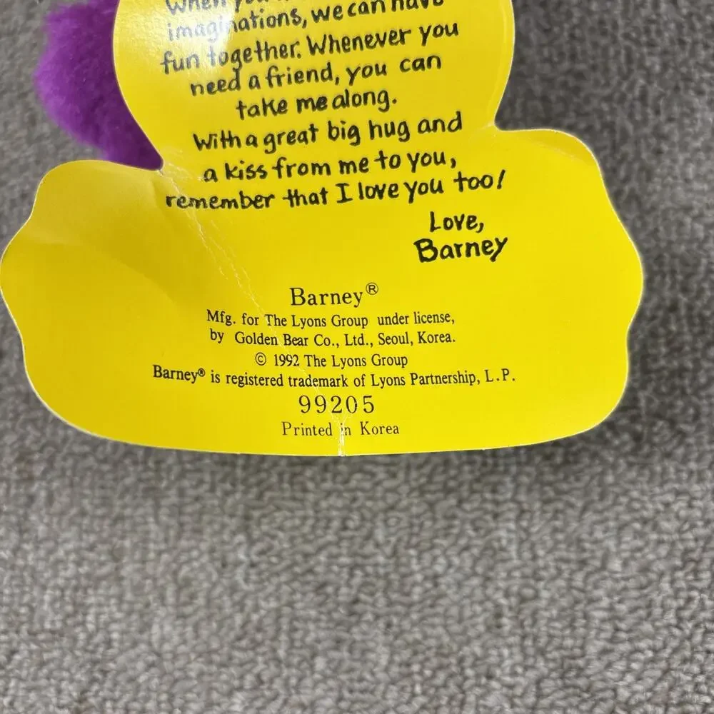 Vtg 1992 Barney 14” Plush Musical Original TagsClean Retro Needs Battery